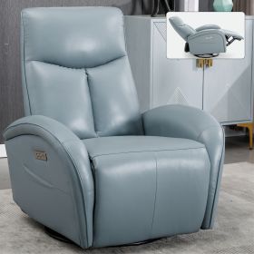 Blue Genuine Leather Swivel and Rocker Power Recliner Chair with Lumbar Support, Max Swivel Degree 270Â°, Heavy Duty Motion Mechanism with USB and Typ