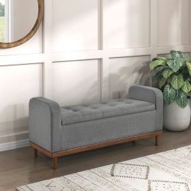 Mid-Century Modern Lift Top Storage Bench 1pc Tufted Gray Upholstered Solid Wood Walnut Finish Wooden Furniture