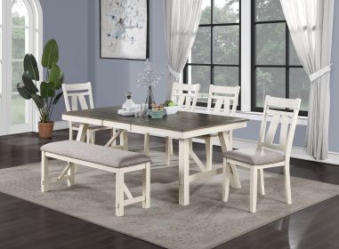 Dining Room Furniture 6pc Dining Set Table w Leaf And 4x Side Chairs 1x Bench Gray Fabric Cushion Seat White Clean Lines Wooden Table Top