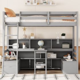 Twin Loft Bed With Storage Shelves, Drawers, Seat And Desk For Grey Color