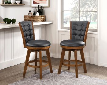 Swivel Counter Height Chairs Set of 2, Button-Tufted Upholstered Seat and Back Chestnut Finish Solid Wood Dining Furniture