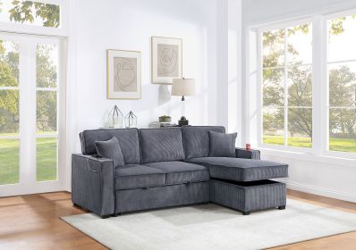 Convertible Sectional Dark Gray Color Corduroy Reversible Chaise w Storage And Sofa Pull Out Bed Pillows Living Room 2pc Set