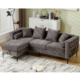 [NEW ARRIVED] [VIDEO PROVIDED]L Shaped Sectional Sofa , Convertible Storage Ottoman,Chenille ,Square Arm, Modern Tufted Couch ,3 Seater, And Nailhead,