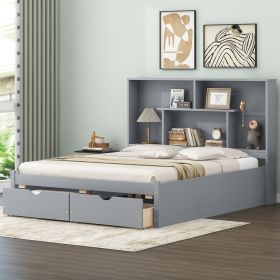 Queen Size Platform Bed with Storage Headboard and 2 Drawers, Gray