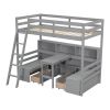 Twin Loft Bed With Storage Shelves, Drawers, Seat And Desk For Grey Color