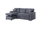 Convertible Sectional Dark Gray Color Corduroy Reversible Chaise w Storage And Sofa Pull Out Bed Pillows Living Room 2pc Set