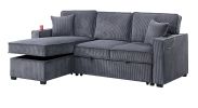 Convertible Sectional Dark Gray Color Corduroy Reversible Chaise w Storage And Sofa Pull Out Bed Pillows Living Room 2pc Set