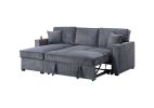 Convertible Sectional Dark Gray Color Corduroy Reversible Chaise w Storage And Sofa Pull Out Bed Pillows Living Room 2pc Set