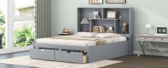 Queen Size Platform Bed with Storage Headboard and 2 Drawers, Gray