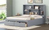 Queen Size Platform Bed with Storage Headboard and 2 Drawers, Gray