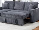 Convertible Sectional Dark Gray Color Corduroy Reversible Chaise w Storage And Sofa Pull Out Bed Pillows Living Room 2pc Set