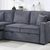 Convertible Sectional Dark Gray Color Corduroy Reversible Chaise w Storage And Sofa Pull Out Bed Pillows Living Room 2pc Set