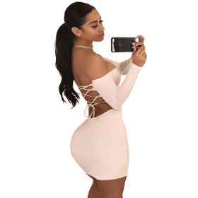 Summer Dress Sexy Back Lace Up Off The Shoulder Mini Dress Women Bodycon Club Dresses Fashion Vestidos (Color: Pink, size: L)