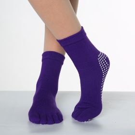 1pair Rainbow Color Non-slip Towel Bottom Yoga Socks, Cozy 5 Toes Split Knitted Calf Crew Socks, Women's Yoga Socks (Color: Deep Purple, size: One-size)