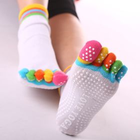 1pair Rainbow Color Non-slip Towel Bottom Yoga Socks, Cozy 5 Toes Split Knitted Calf Crew Socks, Women's Yoga Socks (Color: Color Toe White, size: One-size)