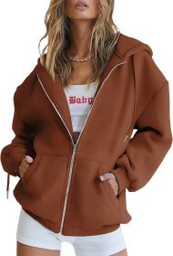 Women's Cute Hoodies Teen Girl Fall Jacket Oversized Sweatshirts Casual Drawstring Clothes Zip Up Y2K Hoodie with Pocket (Color: Brown, size: large)