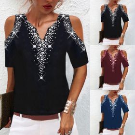 Women Fashion Sequined Tops Summer Short Sleeve Cold Shoulder V Neck Printed Club Party Shirts Elegant Casual Loose Tee Tops New (Color: Wine, size: XXL)