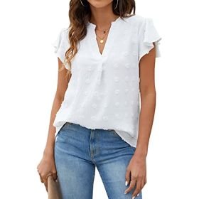 Womens White Blouse V Neck Ruffle Sleeve Flowy Shirts Dressy Casual Cute Summer Tops (Color: White, size: S)