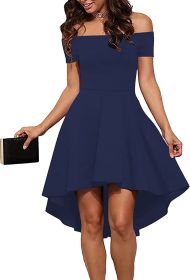 Womens Off The Shoulder Short Sleeve High Low Cocktail Skater Dress (Color: Darkblue, size: X-Large)