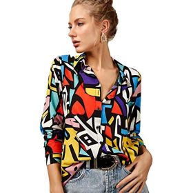 Blouses for Women Fashion; Casual Long Sleeve Button Down Shirts Tops; XS-3XL (Color: Red Yellow, size: XXXL)