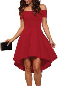 Womens Off The Shoulder Short Sleeve High Low Cocktail Skater Dress (Color: Red, size: large)