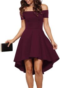 Womens Off The Shoulder Short Sleeve High Low Cocktail Skater Dress (Color: Burgundy, size: small)