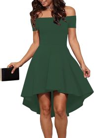 Womens Off The Shoulder Short Sleeve High Low Cocktail Skater Dress (Color: Green, size: X-Large)