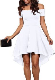 Womens Off The Shoulder Short Sleeve High Low Cocktail Skater Dress (Color: White, size: small)