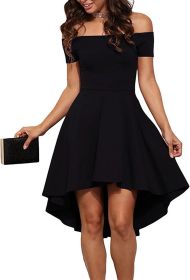 Womens Off The Shoulder Short Sleeve High Low Cocktail Skater Dress (Color: Black, size: small)