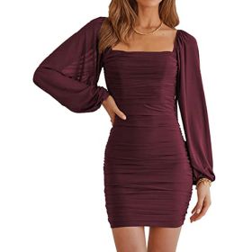 Women's Mesh Long Sleeve Square Neck Ruched Party Club Cocktail Bodycon Mini Dress (Color: Wine Red, size: L)