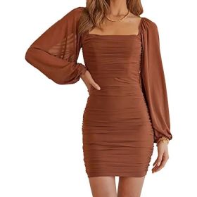 Women's Mesh Long Sleeve Square Neck Ruched Party Club Cocktail Bodycon Mini Dress (Color: Coffee, size: M)