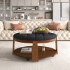 Modern Large Round Ottoman Coffee Table 2-Tier Oversized Button Tufted Ottoman with Wood Shelf Storage Upholstered Coffee Table for Living Room Footre