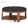 Modern Large Round Ottoman Coffee Table 2-Tier Oversized Button Tufted Ottoman with Wood Shelf Storage Upholstered Coffee Table for Living Room Footre