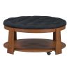 Modern Large Round Ottoman Coffee Table 2-Tier Oversized Button Tufted Ottoman with Wood Shelf Storage Upholstered Coffee Table for Living Room Footre