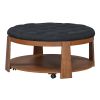 Modern Large Round Ottoman Coffee Table 2-Tier Oversized Button Tufted Ottoman with Wood Shelf Storage Upholstered Coffee Table for Living Room Footre