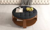 Modern Large Round Ottoman Coffee Table 2-Tier Oversized Button Tufted Ottoman with Wood Shelf Storage Upholstered Coffee Table for Living Room Footre