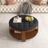 Modern Large Round Ottoman Coffee Table 2-Tier Oversized Button Tufted Ottoman with Wood Shelf Storage Upholstered Coffee Table for Living Room Footre