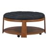 Modern Large Round Ottoman Coffee Table 2-Tier Oversized Button Tufted Ottoman with Wood Shelf Storage Upholstered Coffee Table for Living Room Footre