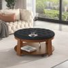 Modern Large Round Ottoman Coffee Table 2-Tier Oversized Button Tufted Ottoman with Wood Shelf Storage Upholstered Coffee Table for Living Room Footre