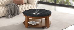 Modern Large Round Ottoman Coffee Table 2-Tier Oversized Button Tufted Ottoman with Wood Shelf Storage Upholstered Coffee Table for Living Room Footre