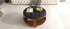 Modern Large Round Ottoman Coffee Table 2-Tier Oversized Button Tufted Ottoman with Wood Shelf Storage Upholstered Coffee Table for Living Room Footre