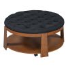 Modern Large Round Ottoman Coffee Table 2-Tier Oversized Button Tufted Ottoman with Wood Shelf Storage Upholstered Coffee Table for Living Room Footre