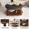 Modern Large Round Ottoman Coffee Table 2-Tier Oversized Button Tufted Ottoman with Wood Shelf Storage Upholstered Coffee Table for Living Room Footre