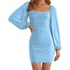 Women's Mesh Long Sleeve Square Neck Ruched Party Club Cocktail Bodycon Mini Dress